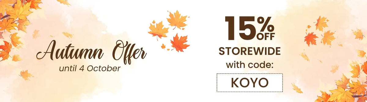 Autumn-themed promotional banner with orange maple leaves and a 15% off storewide discount code.