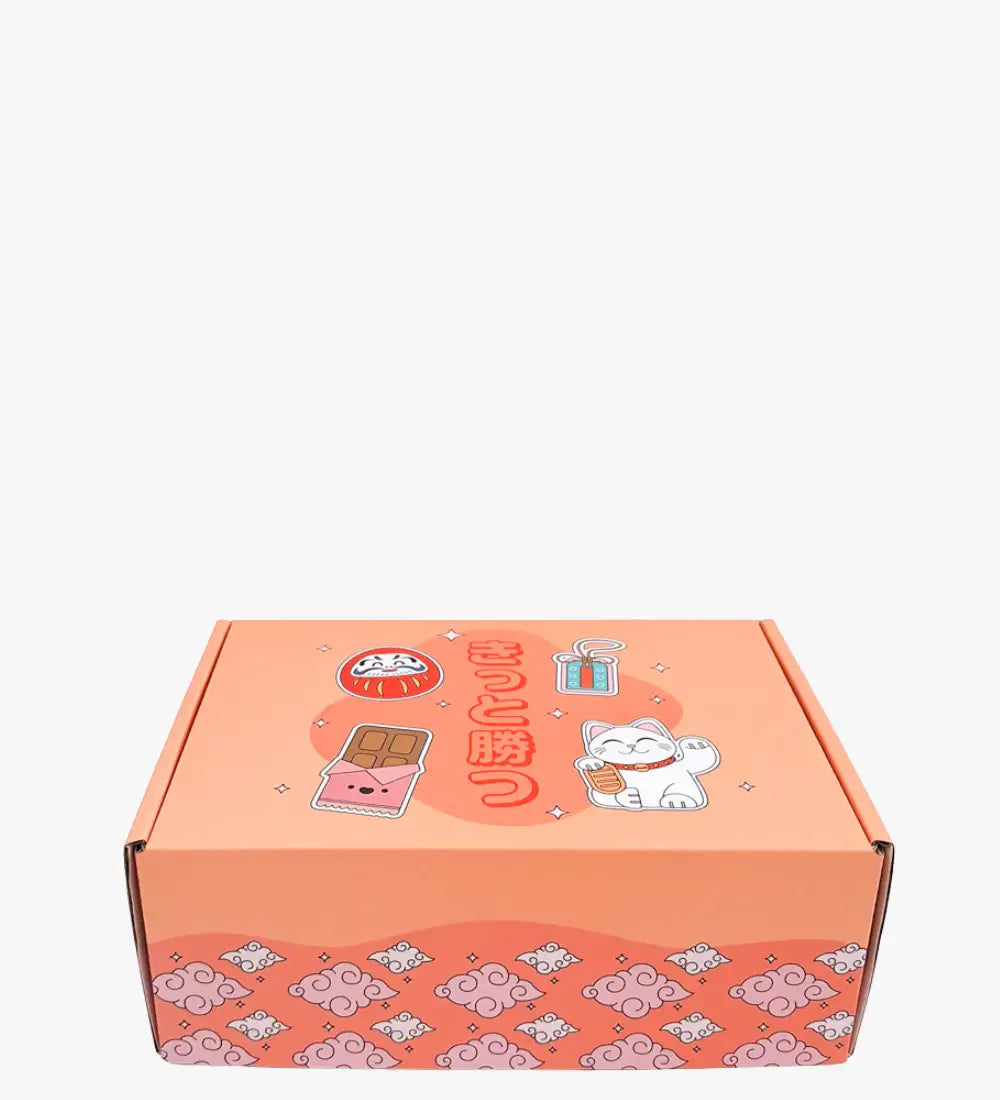Coral-colored cardboard box featuring cute japanese-themed illustrations including a white lucky cat, a daruma ball, and chocolate bar designs.
