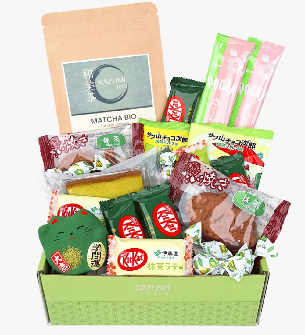 Green japanese-themed gift box filled with matcha-flavored snacks and treats