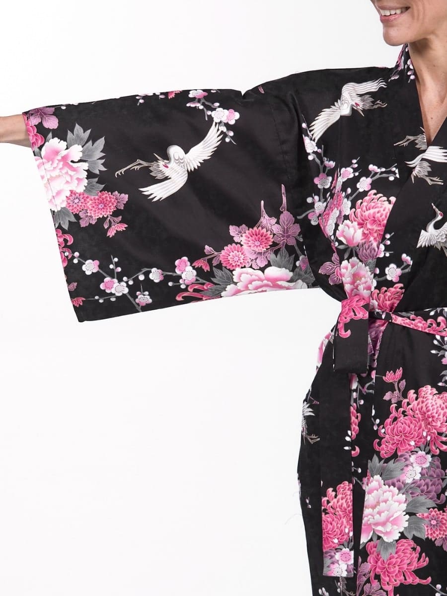 Happi Kimono Women - Black Crane & Flowers One size