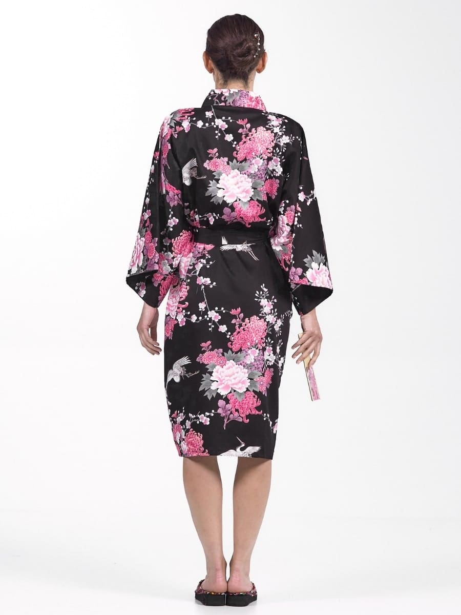 Happi Kimono Women - Black Crane & Flowers One size