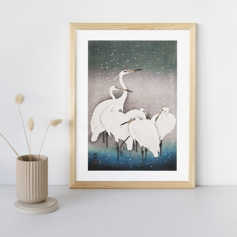 Japanese Block Print - Group of Egrets A3