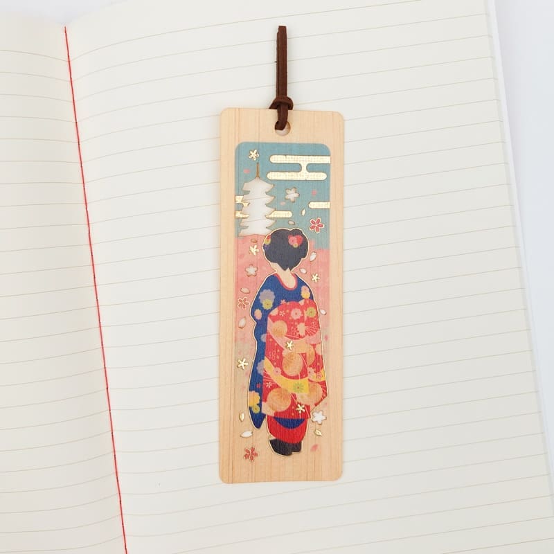 Japanese Bookmark – Cypress - Geisha & Pagoda