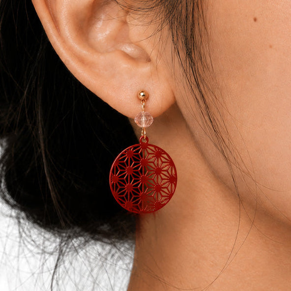 Japanese Earrings - Red Asanoha Pattern