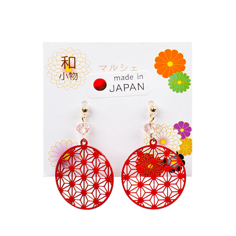 Japanese Earrings - Red Asanoha Pattern