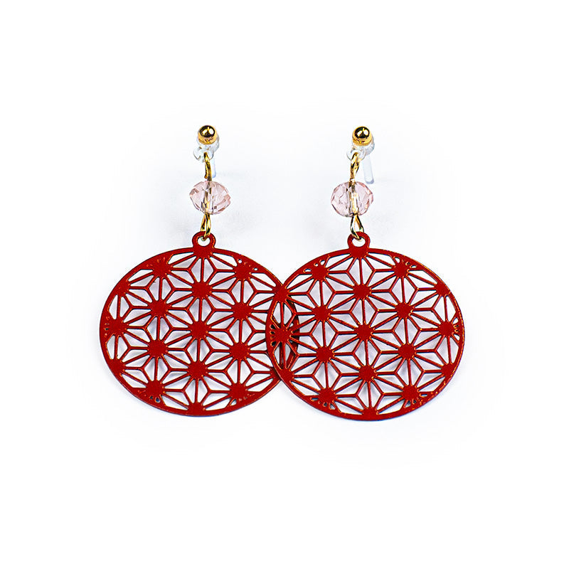 Japanese Earrings - Red Asanoha Pattern