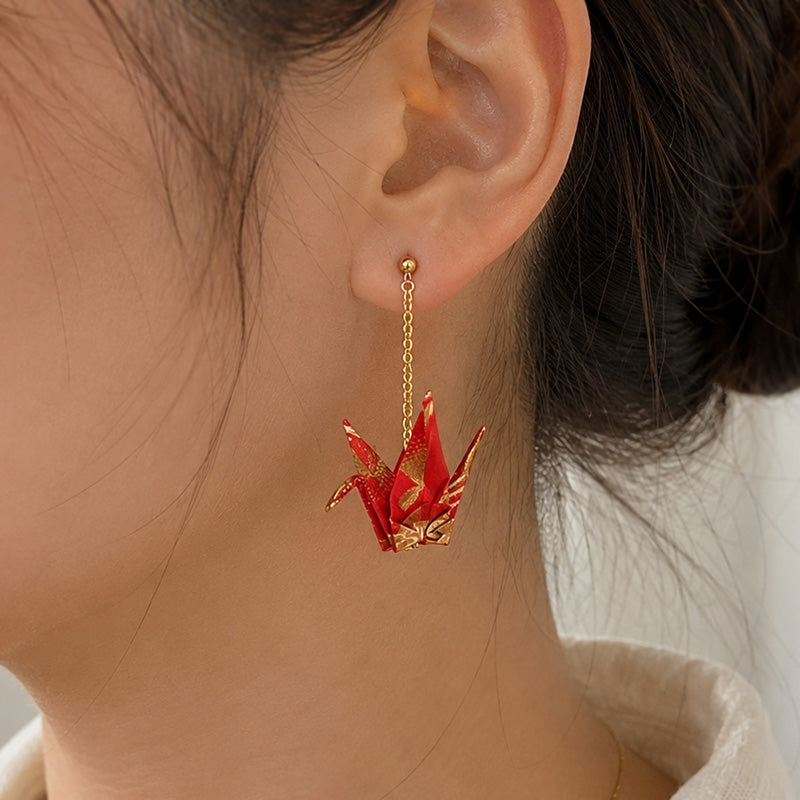 Japanese Earrings – Red Crane Chains