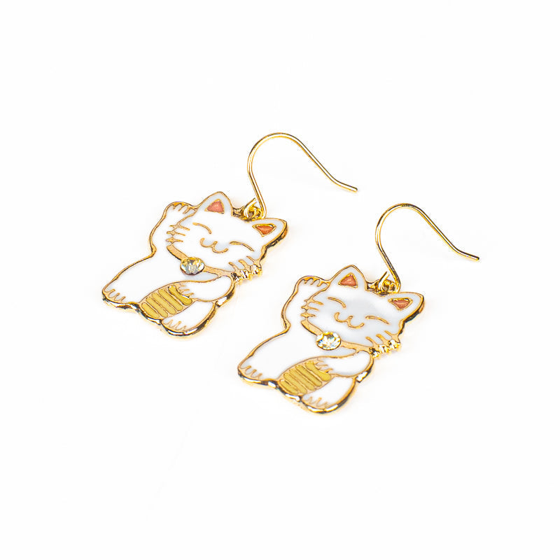 Japanese Earrings – White & Gold Maneki-Neko Lucky Cat