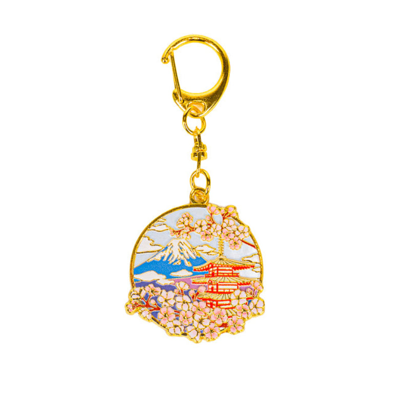 Japanese Gold-Tone Metal Keyring – Pagoda & Mount Fuji Charm