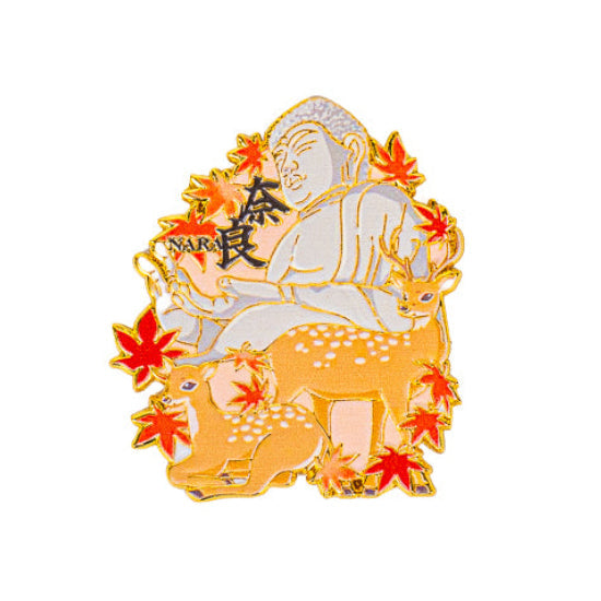 Japanese Gold-Tone Metal Magnet – Deer Buddha & Momiji Leaves