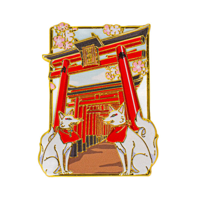 Japanese Gold-Tone Metal Magnet – Torii Gate & Kitsune Foxes