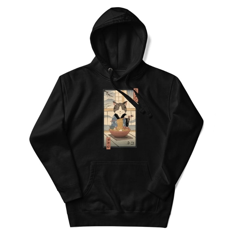 Japanese Hoodie - Ukiyo-e Neko Ramen S / Black