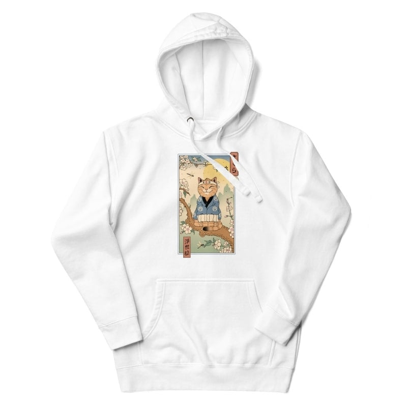 Japanese Hoodie - Ukiyo-e Neko Sakura S / White