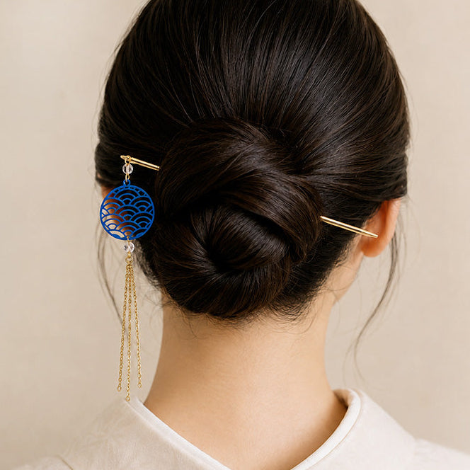 Japanese Kanzashi - Blue Seigaiha Pattern