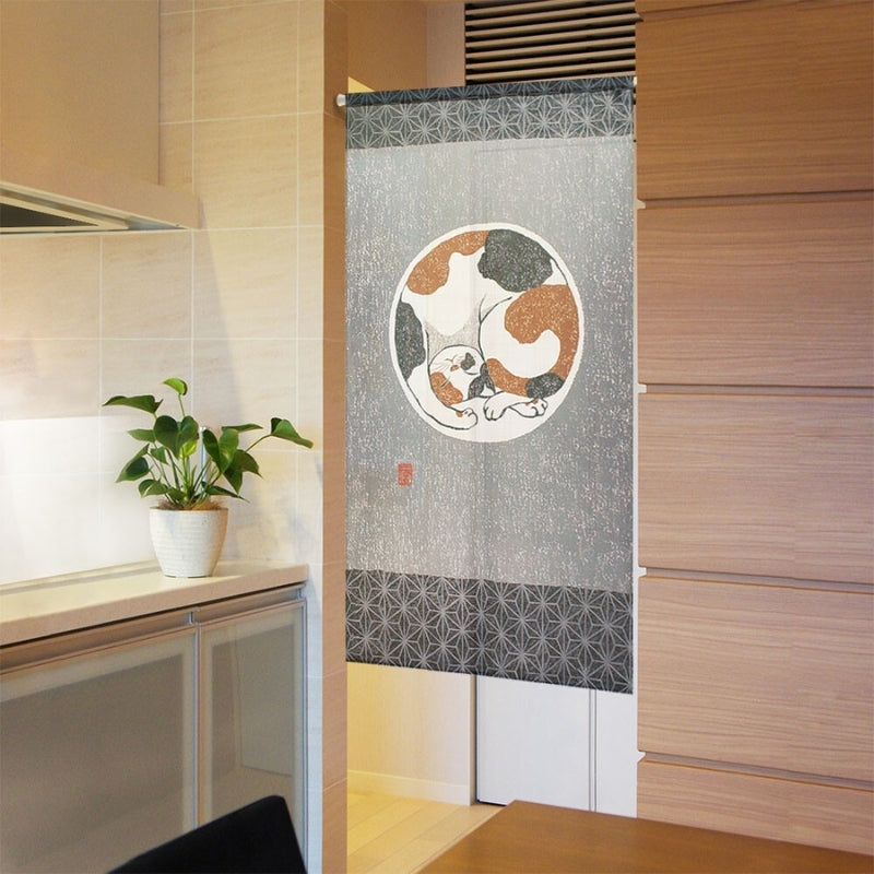 Japanese Noren Curtain Asanoha Cat 85 x 150 cm (33.5’’ x 59’’)
