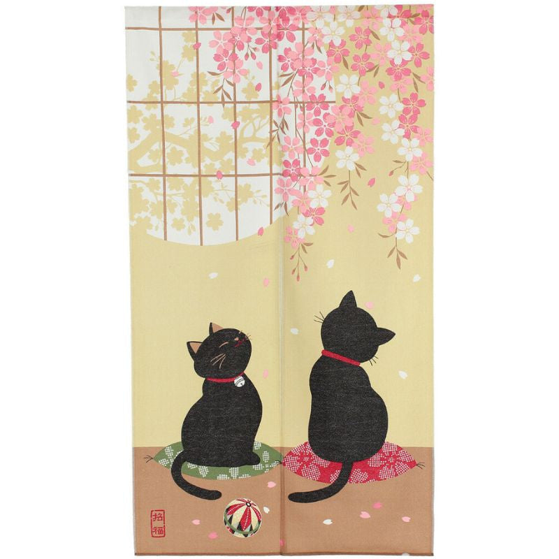 Japanese Noren - Sakura Neko 85 x 150 cm (33.5’’ x 59’’)