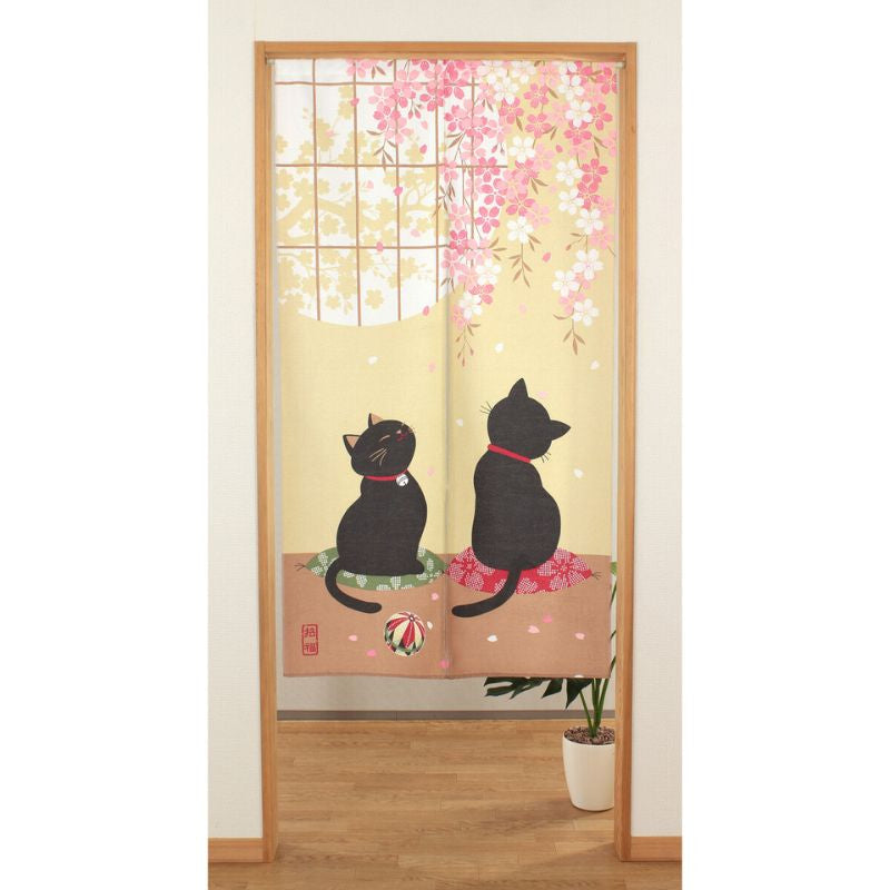 Japanese Noren - Sakura Neko 85 x 150 cm (33.5’’ x 59’’)