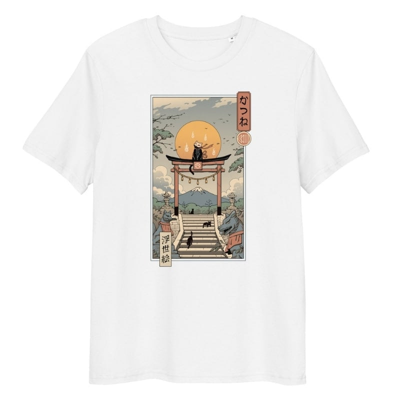 Japanese Tee Shirt - Ukiyo-e Neko Inari S / White