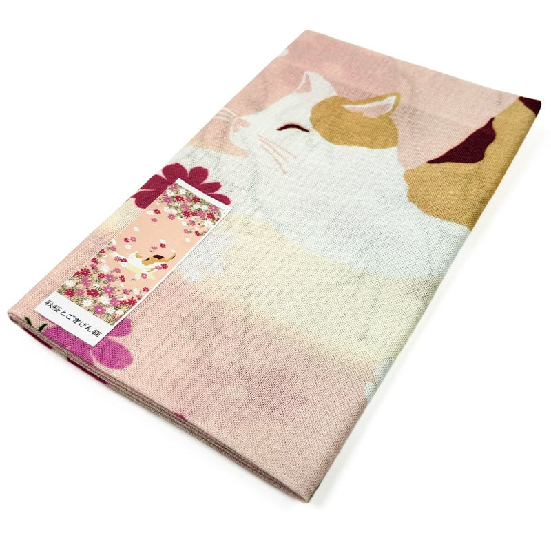 Japanese Tenugui - Cat & Flowers