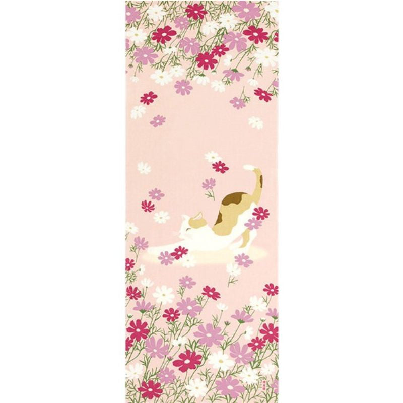 Japanese Tenugui - Cat & Flowers