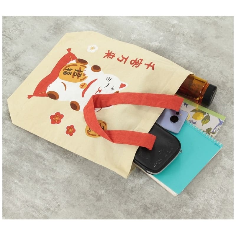 Japanese Tote Bag – Beige Fuku Maneki Neko