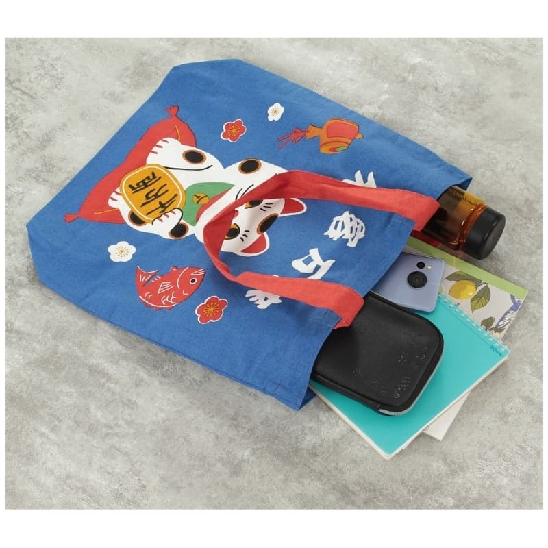 Japanese Tote Bag – Blue Maneki Neko Blessing