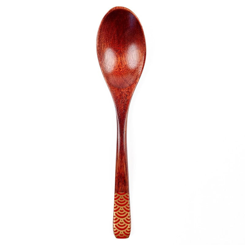 Japanese Wood Spoon - Seigaiha Red