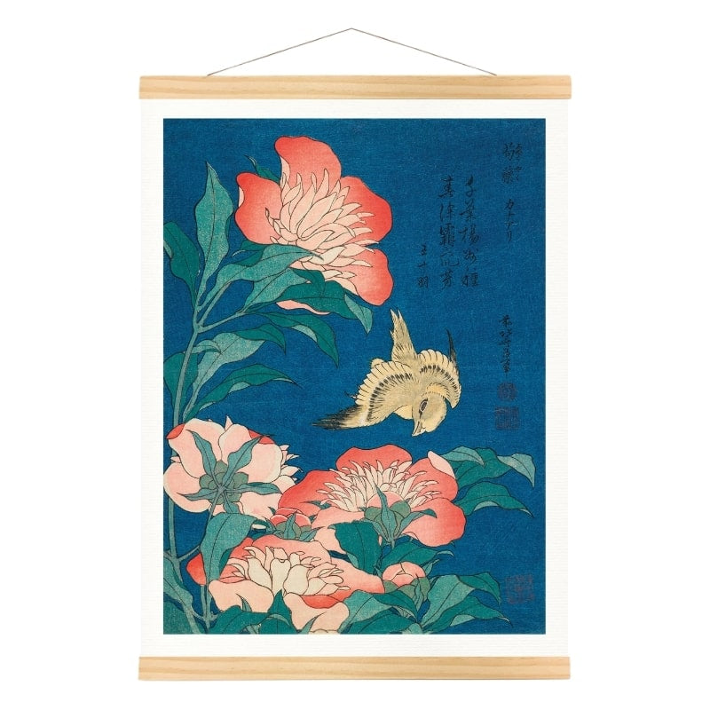 Japanese Woodblock Print - Peonies & Canary A3
