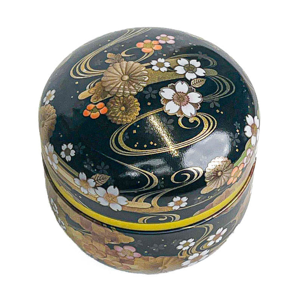 Round Japanese Metal Tea Caddy - Floral Black