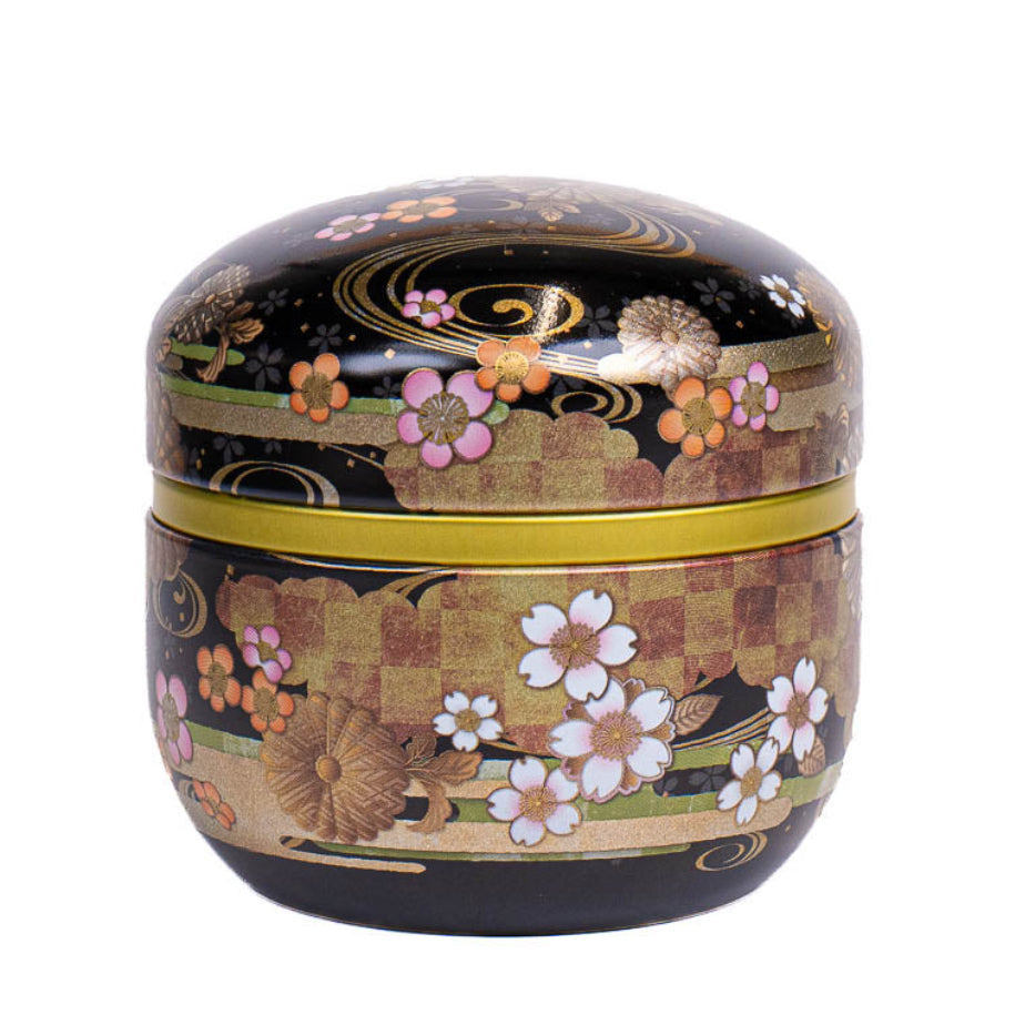 Round Japanese Metal Tea Caddy - Floral Black