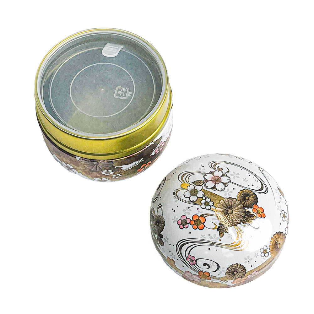 Round Japanese Metal Tea Caddy - Floral White