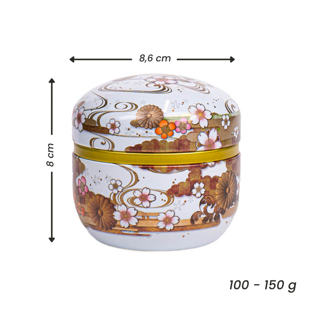Round Japanese Metal Tea Caddy - Floral White
