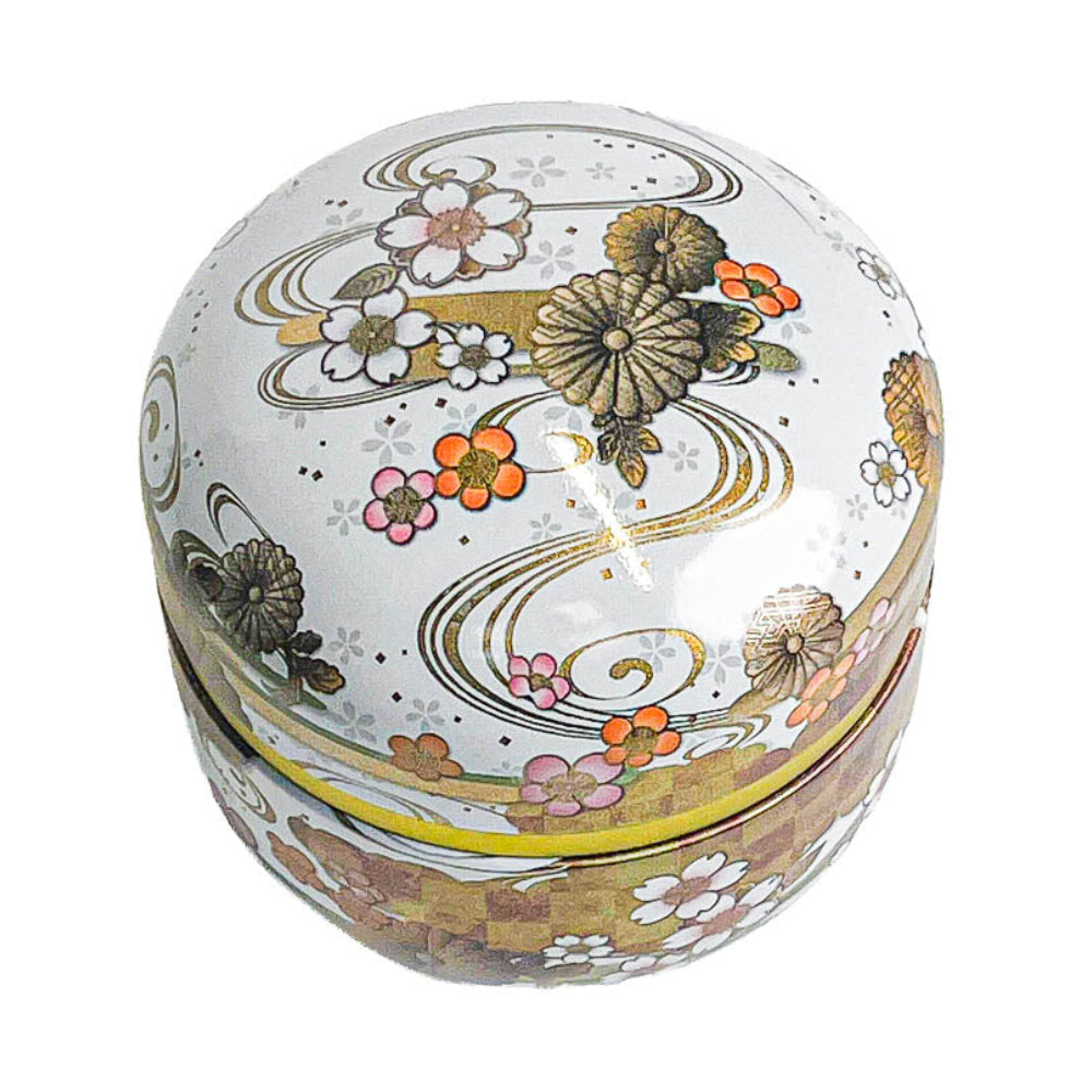 Round Japanese Metal Tea Caddy - Floral White