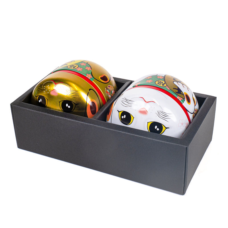 Set of Two Metal Tea Caddies - Maneki Neko