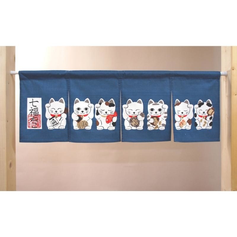 Short Noren Curtain - Blue Neko 85 x 30 cm (33.5’’ x 11.8’’)