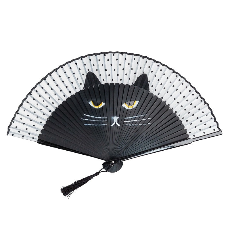 Cat Face Japanese Fan - Black