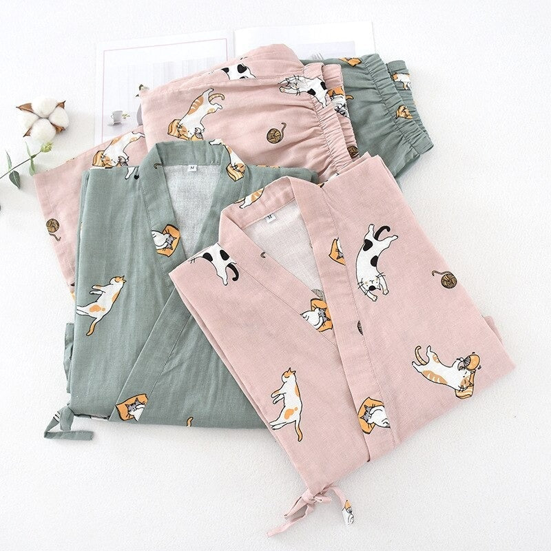 Cat Print Cotton Jinbei