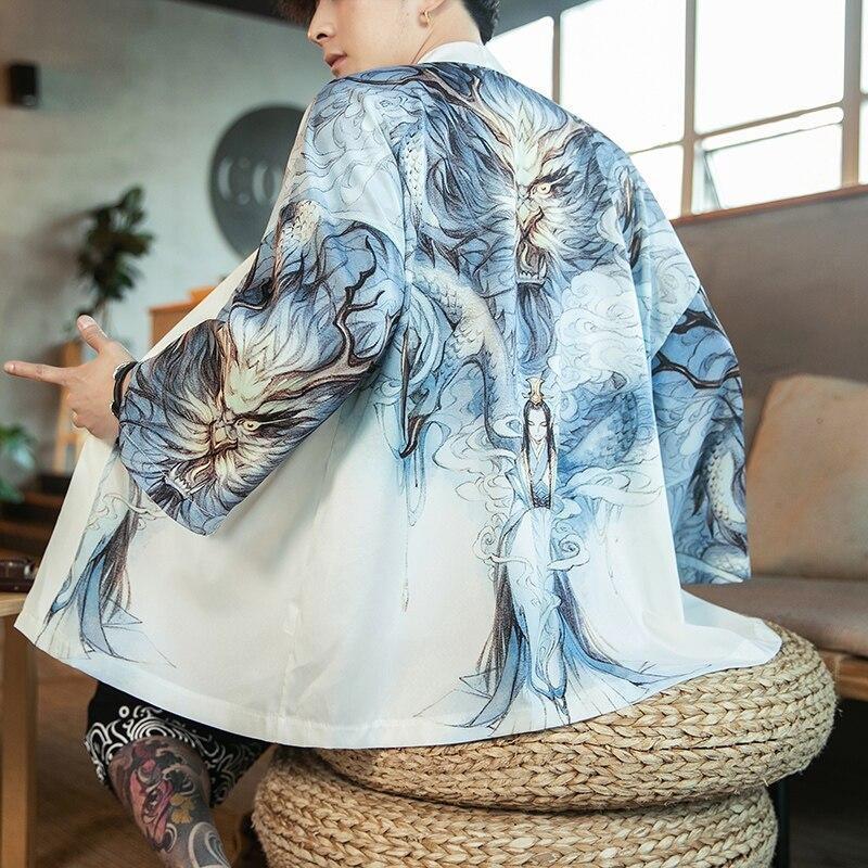 Chinese Style Print Men Kimono Cardigan Set Plus Size Male Yukata