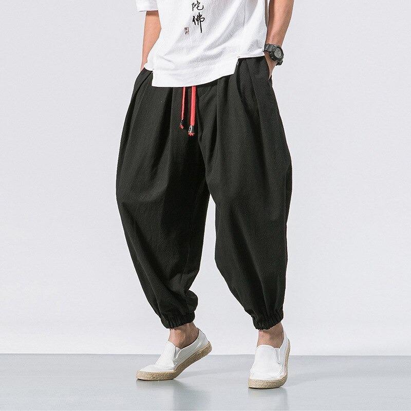 Men Cropped Trousers Linen Cotton Capri Pants Harem Shorts Baggy Calf  Length