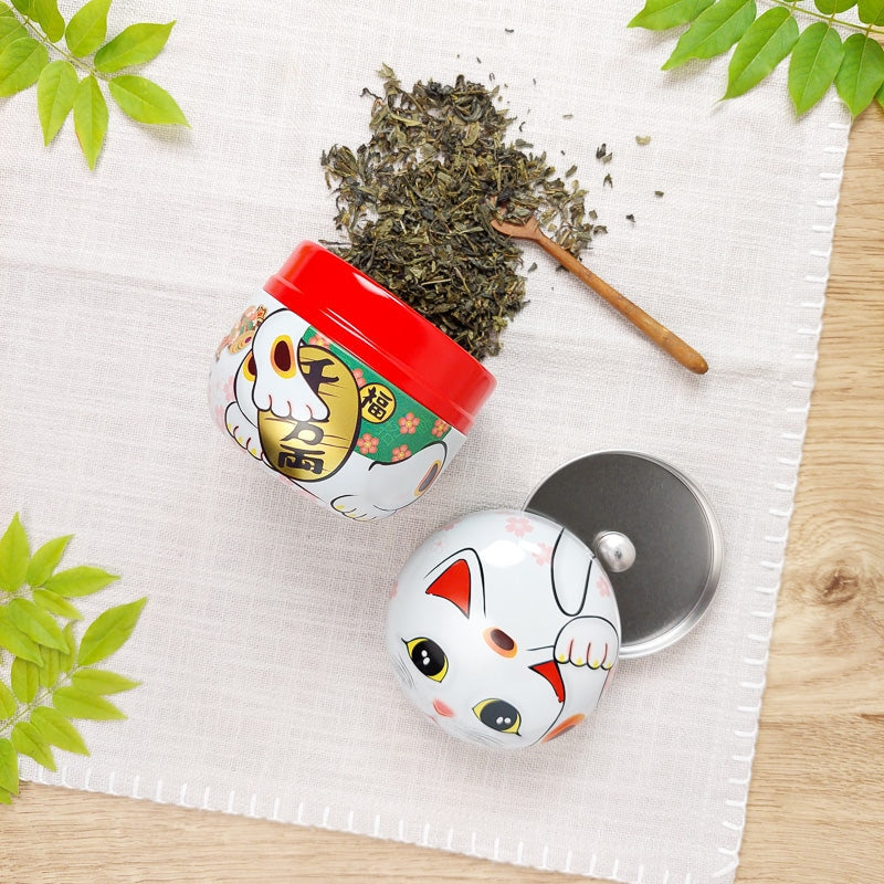 Japanese Metal Tea Caddy - White Maneki Neko