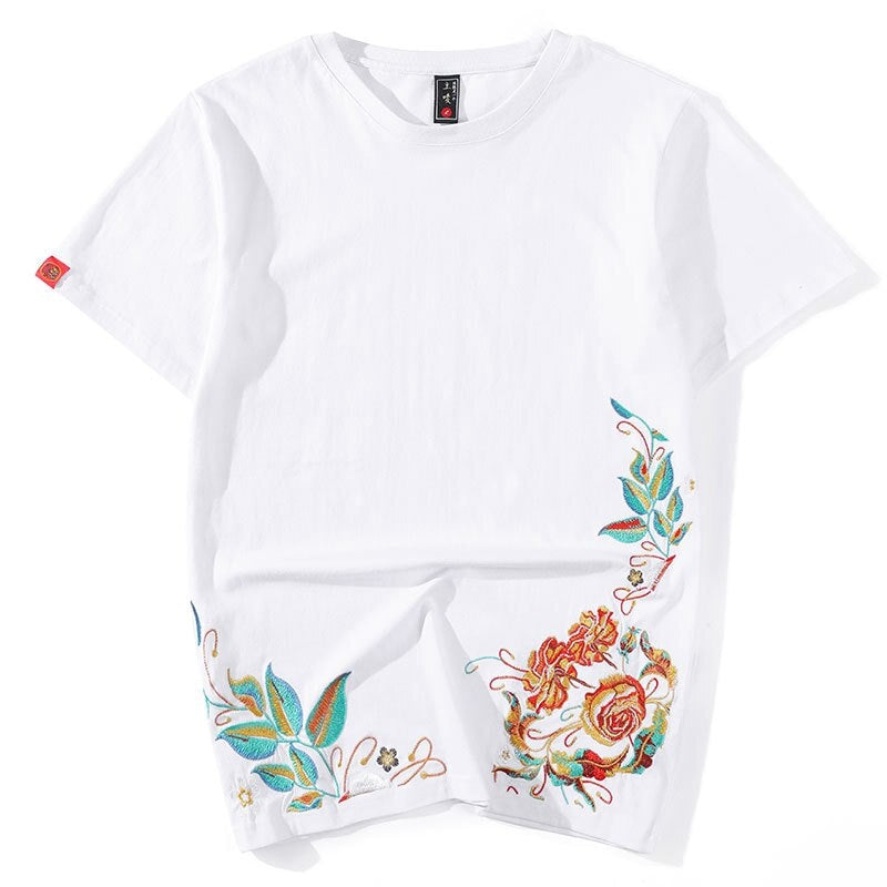 Japanese T-Shirt Flower Embroidery White / M