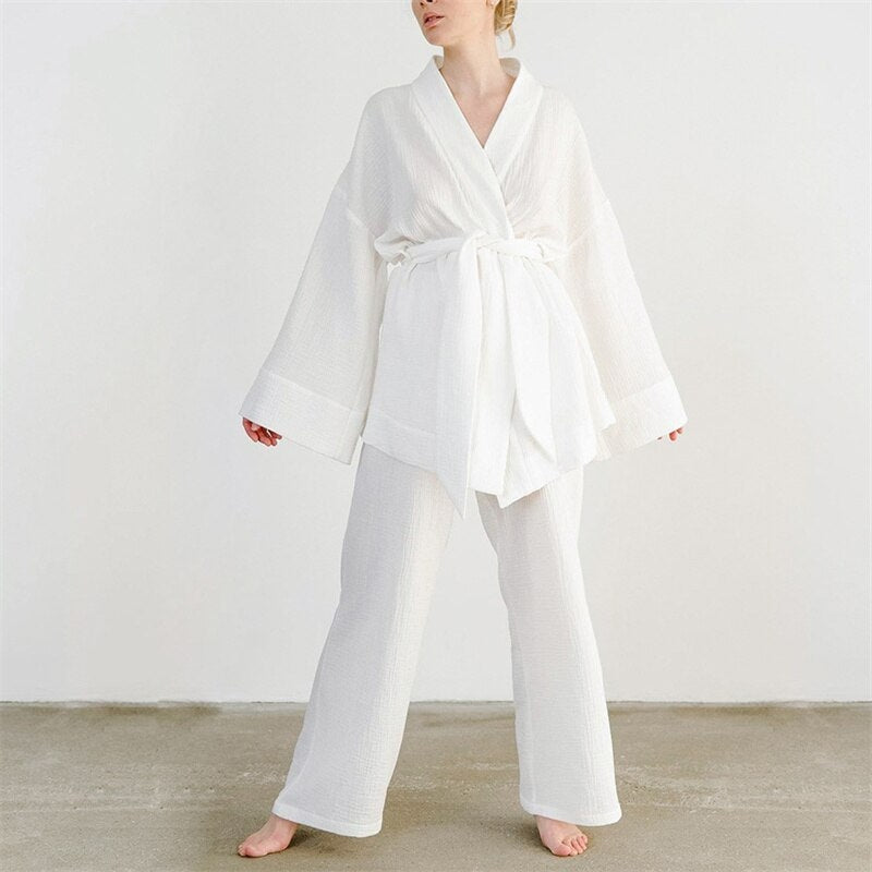 Kimono Pajama Set for Women White / S