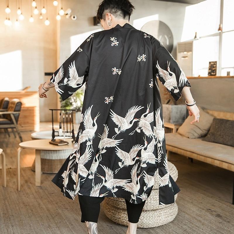 Men Embroidery Japanese Kimono Jacket Baggy Top Cardigan Thin Denim Outwear