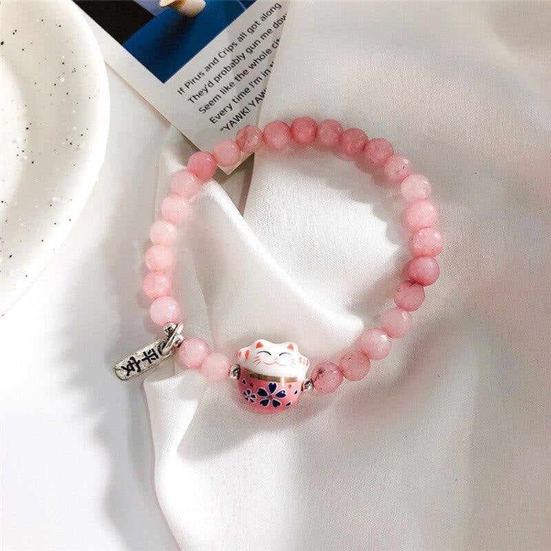 Maneki Neko Bracelet - Beads Pink