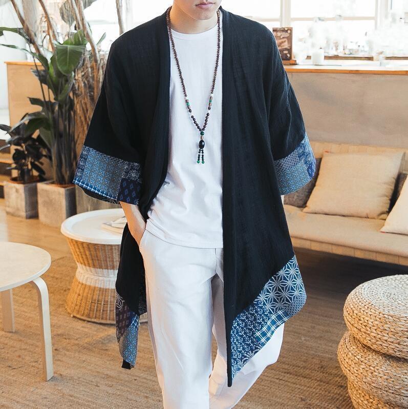 Men’s Long Kimono Jacket - Japanese Pattern M