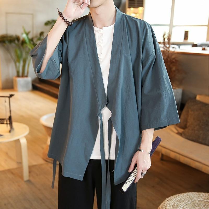 Black Linen Kimono Men Jacket Japanese Kimono Cardigan 