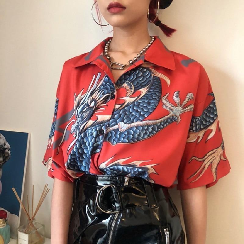 Women’s Japanese Dragon Shirt - Tatsu Red / One Size
