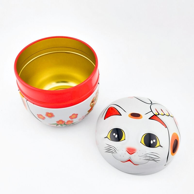 Japanese Metal Tea Caddy - White Maneki Neko