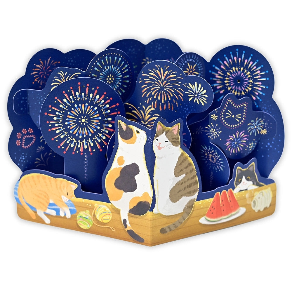 3D Japanese Card - Cats & Fireworks