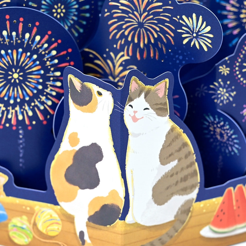 3D Japanese Card - Cats & Fireworks